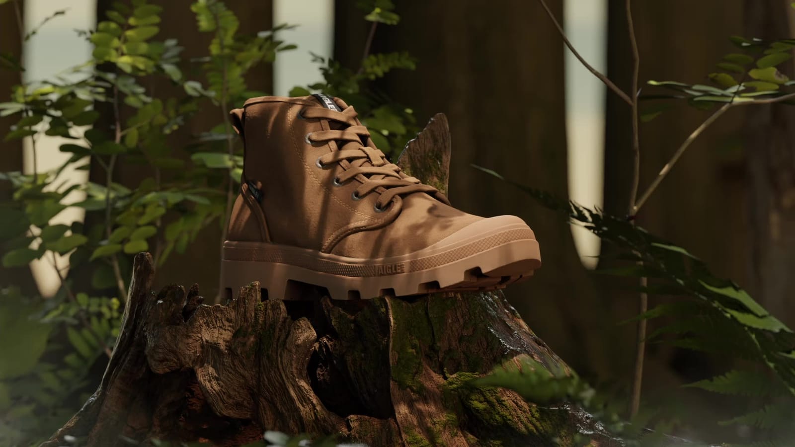 Aigle boot on a tree stump in the forest, CGI film still