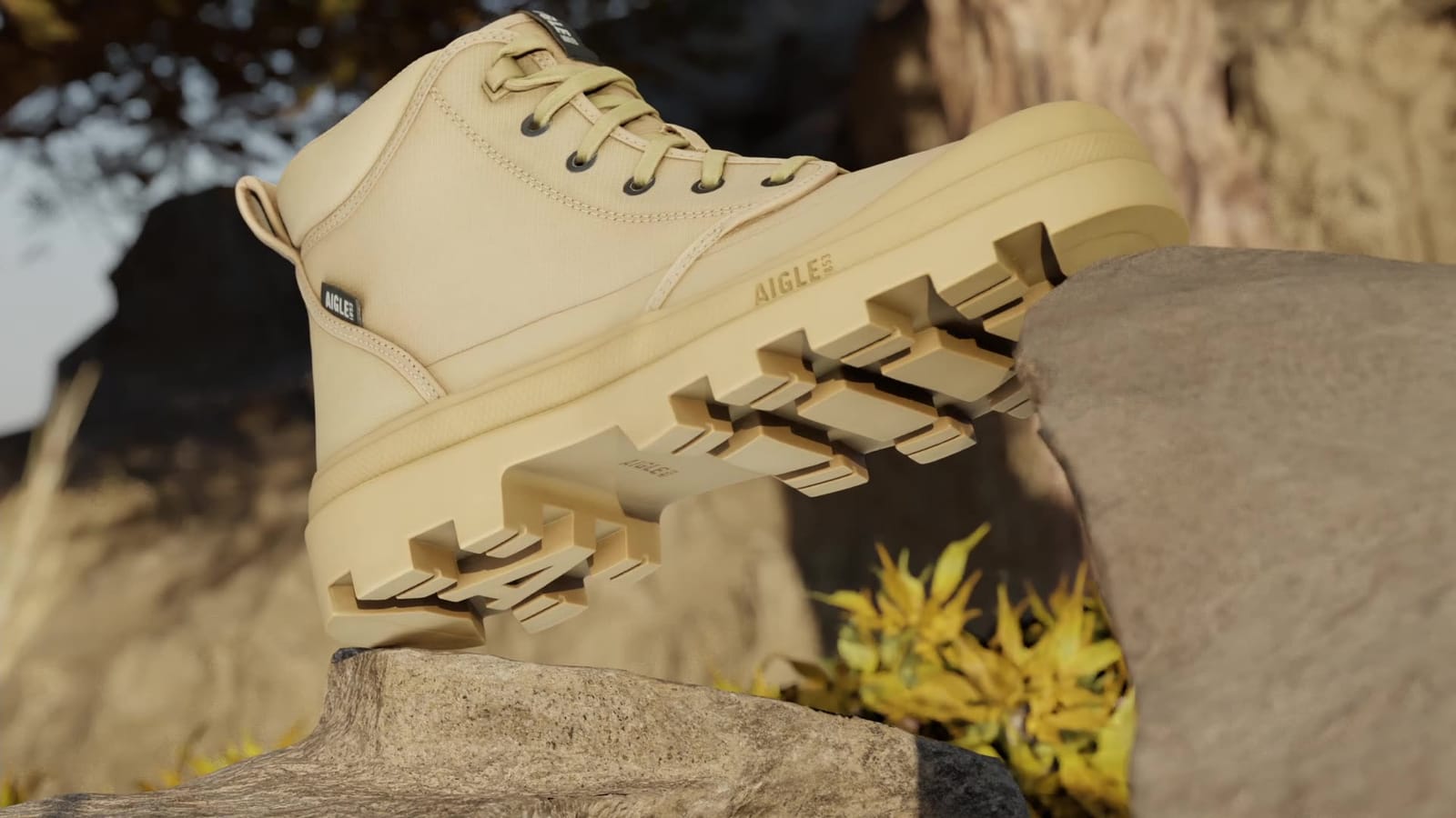 Aigle boot on a rock, CGI staging