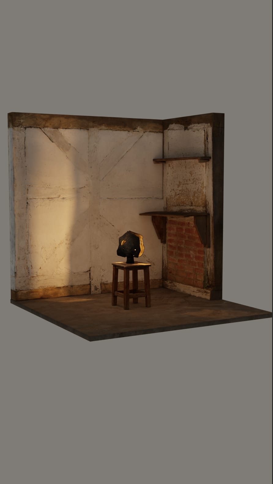 Atelier Constant lamp on a stool in a workshop corner, 3D render