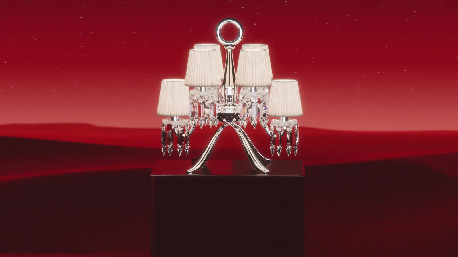 Zenith lamp with pleated shades against red, CGI render