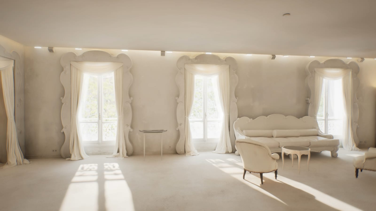 Cristóbal Balenciaga's couture salon rebuilt in 3D, white curtains and armchairs