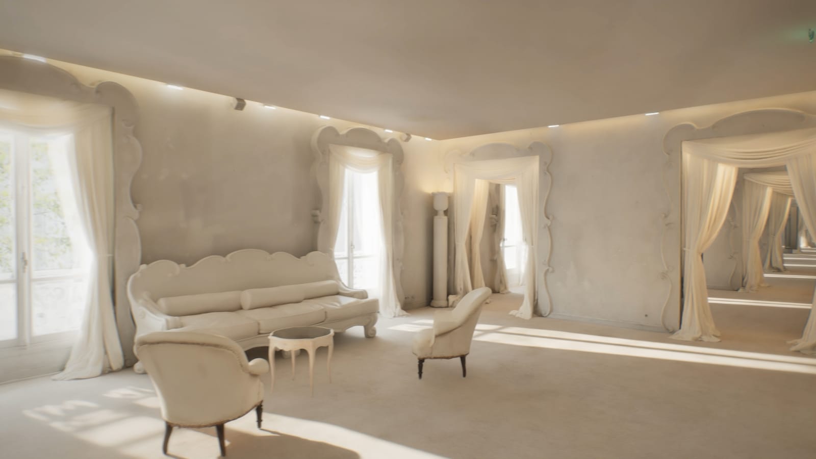 Period sofa and armchairs in the couture salon, French windows draped with sheer curtains