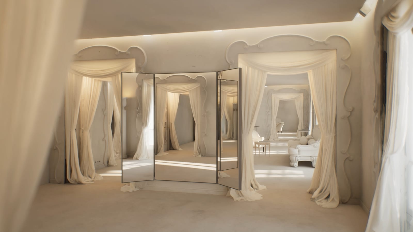 Triptych mirror in the salon between two draped doorways, stucco surrounds
