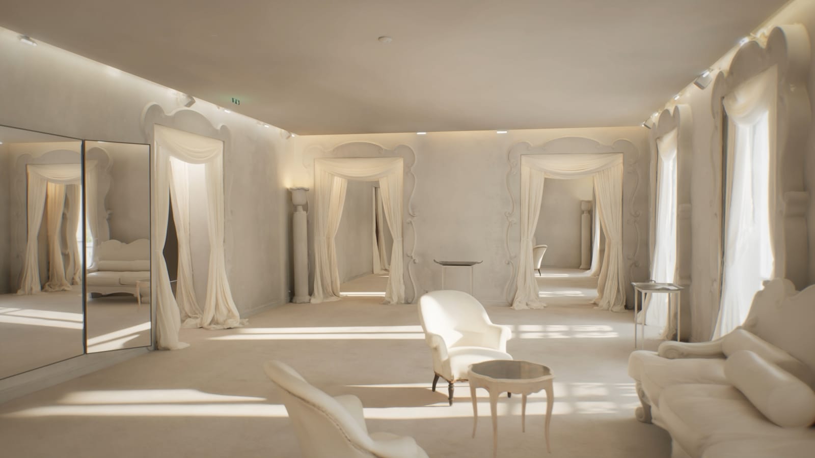 Line of draped doorways and a tall wall mirror, path-traced render in Unreal Engine 5