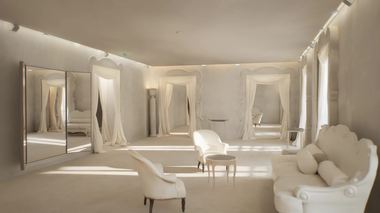 Couture salon seen from the entrance, wall mirror and period seating