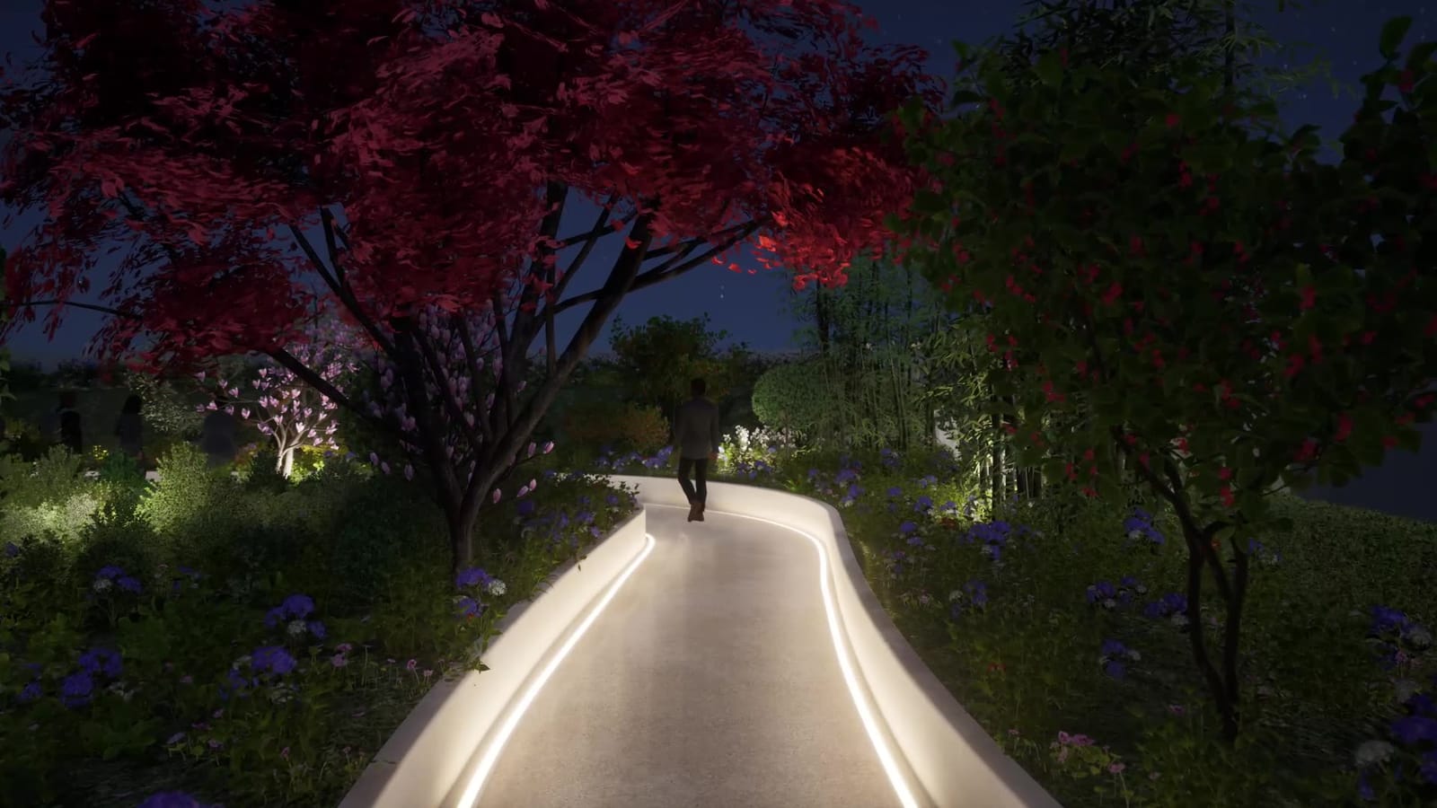 Night garden path, digital model of the France Pavilion at Osaka 2025 on Unreal Engine 5