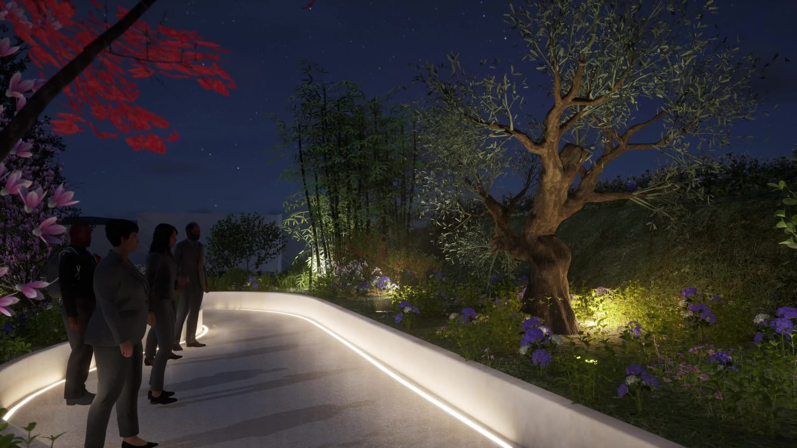 Visitors beneath blossoming trees in the garden, night scene