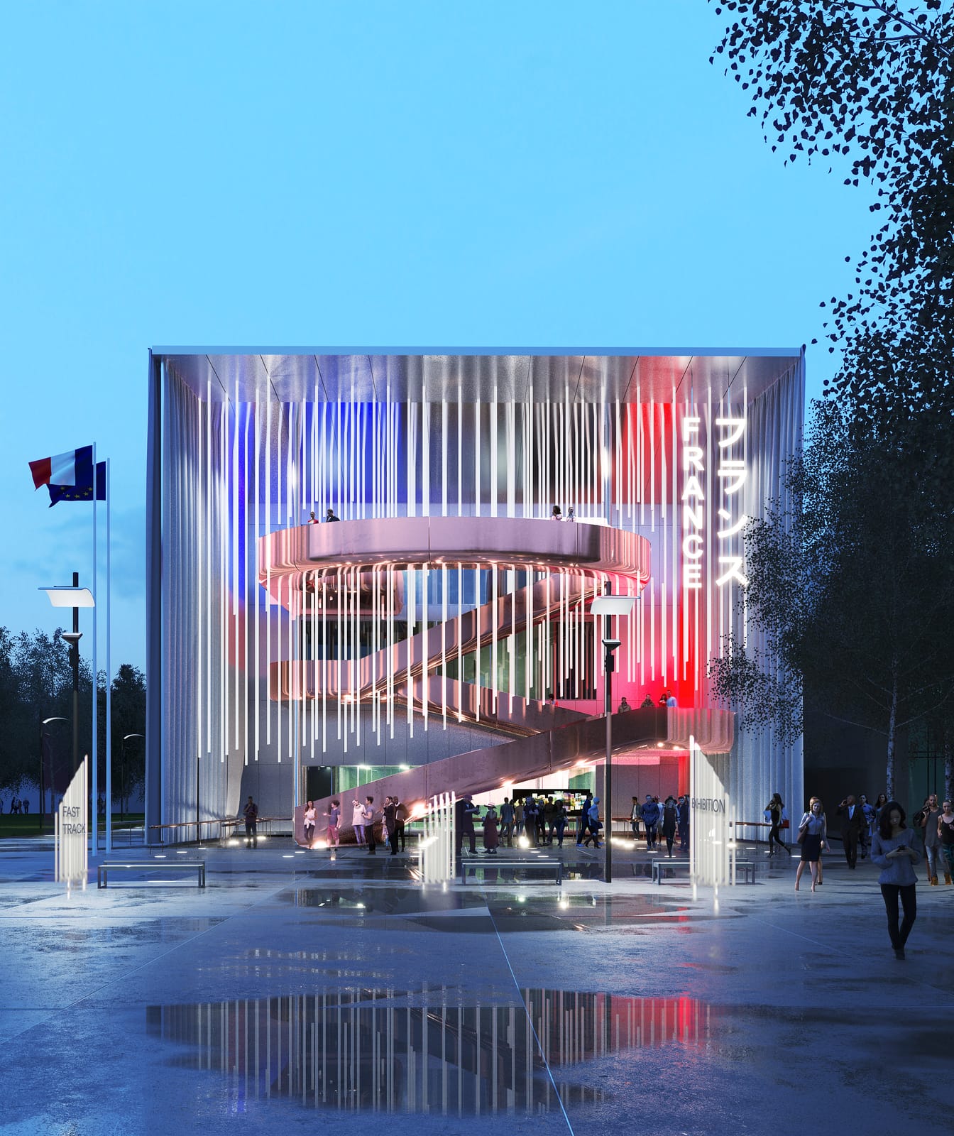 France Pavilion at night, cable façade and lit ramp