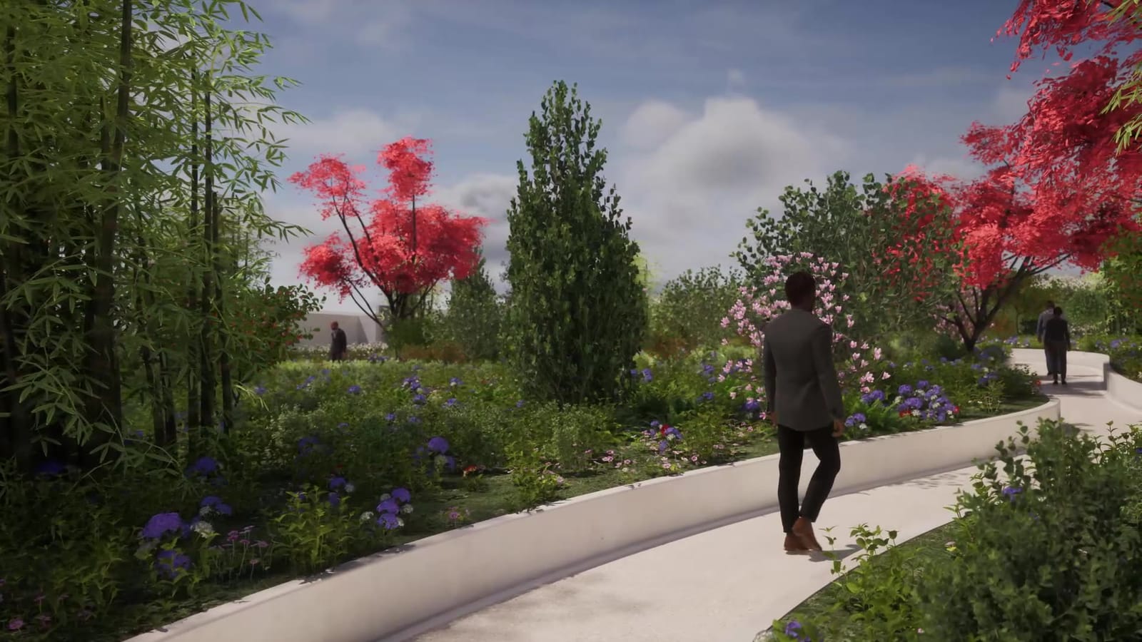 Visitor on the garden path by day, red maples and flower beds, still from the CGI film