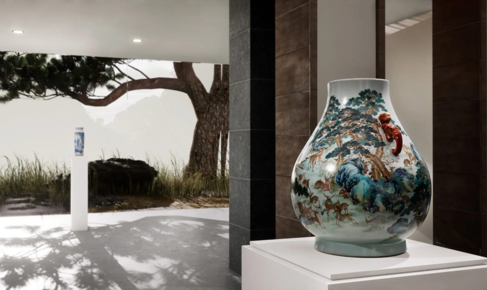 Blue-and-white vase on a plinth before a pine tree and the plains of China, 3D scene from the exhibition