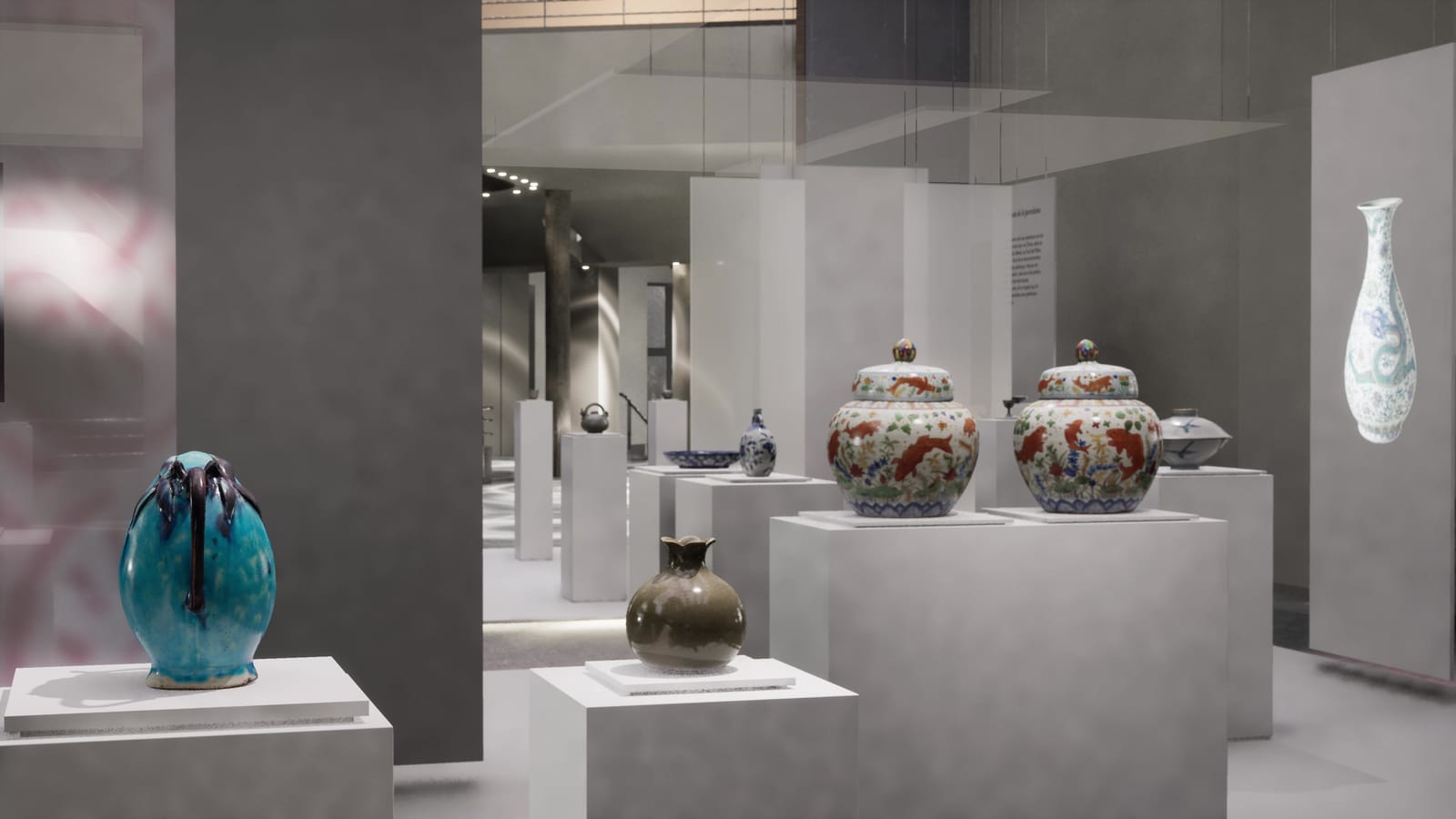 Virtual exhibition hall: goldfish jars, turquoise vase and flasks on white plinths
