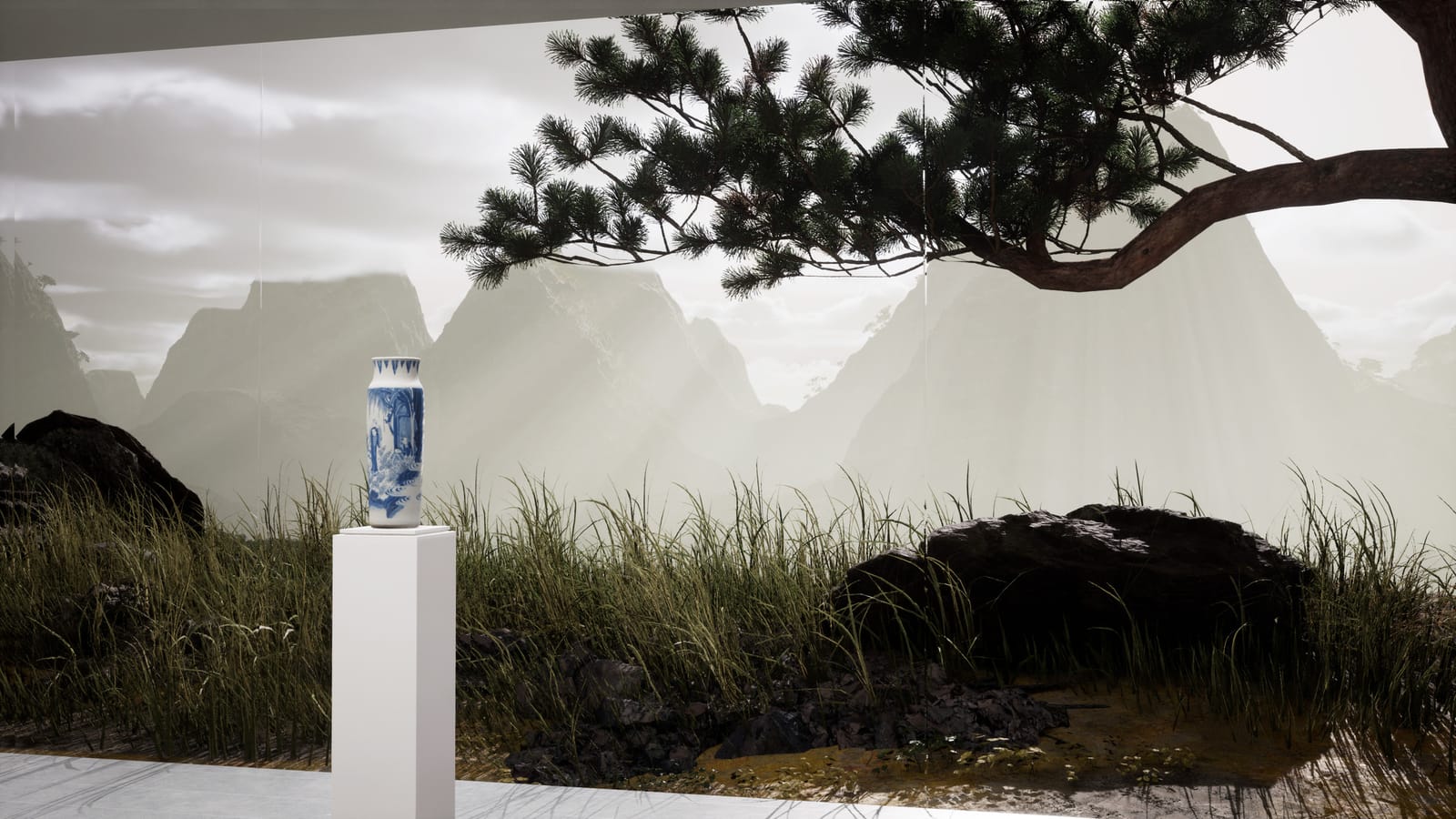 Scene of the plains of China: blue-and-white vase beneath a pine, mountains in mist