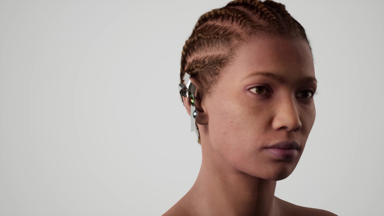 MetaHuman face seen from the front, Lacuna R&D demo, real-time render