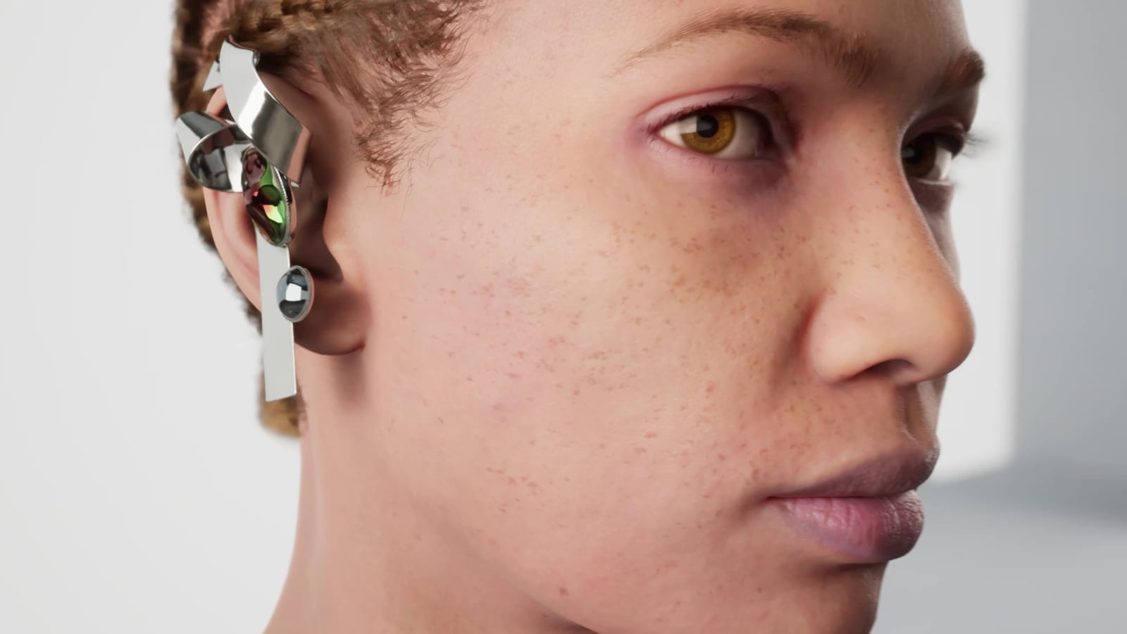 Detail of the MetaHuman's eye and skin, real-time render