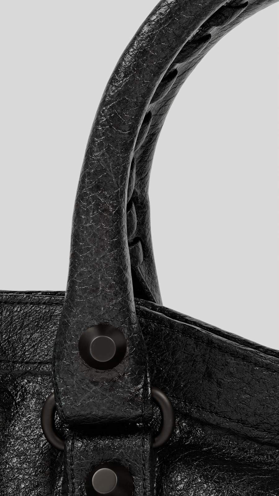 Balenciaga City bag, detail of grained leather and studs, vertical 3D render