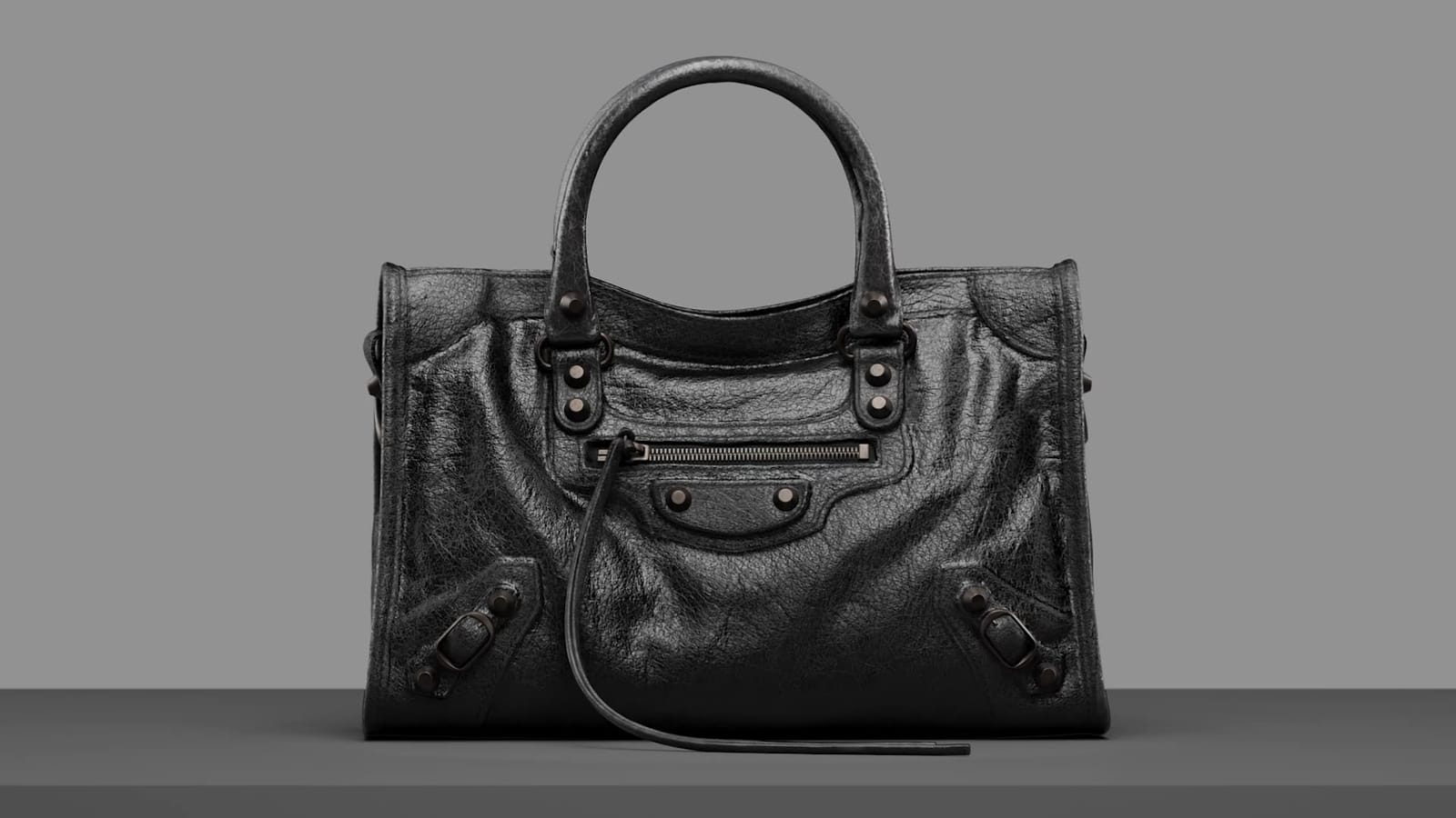 City bag seen from the front on grey, still from the CGI film