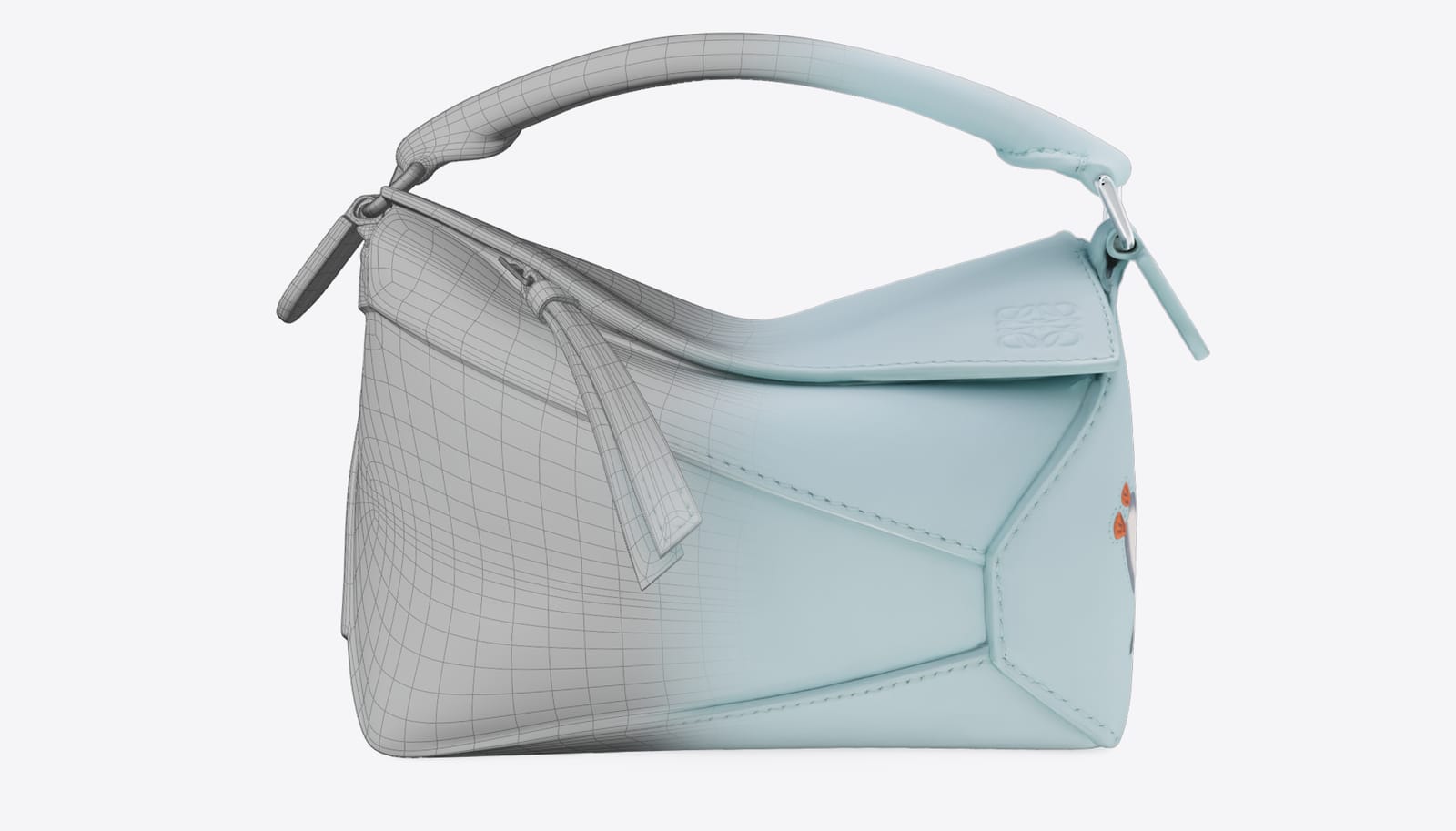 Puzzle bag from the Suna Fujita collection, from wireframe to textured render