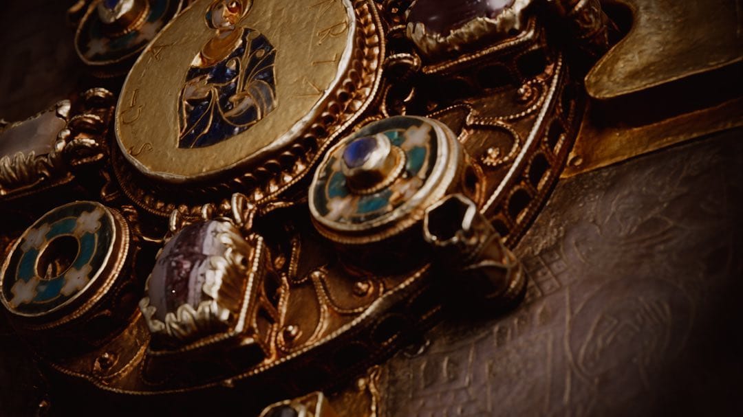 Illuminated cover of the Lotharingian Gospel book, gems and enamels in close-up