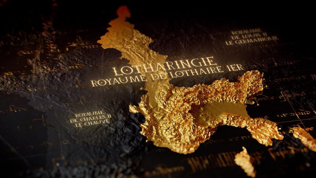 Title card "Lotharingie, royaume de Lothaire Ier", map of the kingdom in gold