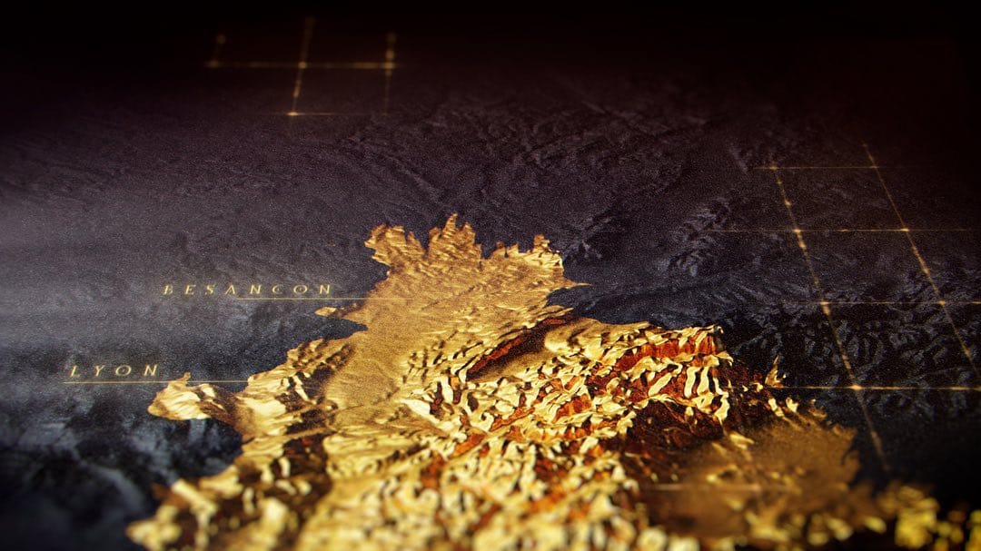 Map of the Lotharingian kingdom in gilded relief, CGI render