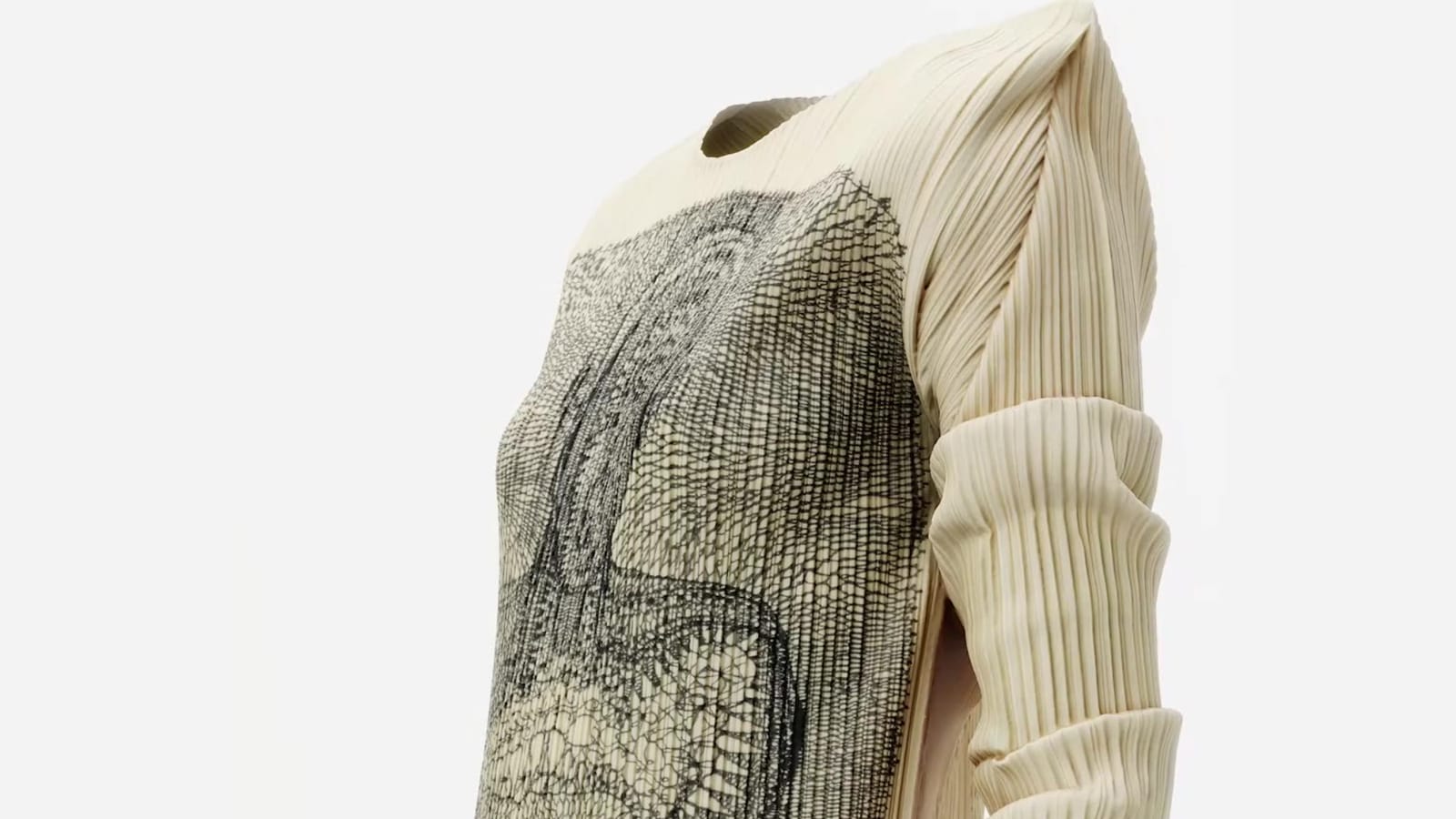 Issey Miyake dress scanned by photogrammetry for Moji Farhat, pleated sleeve and print