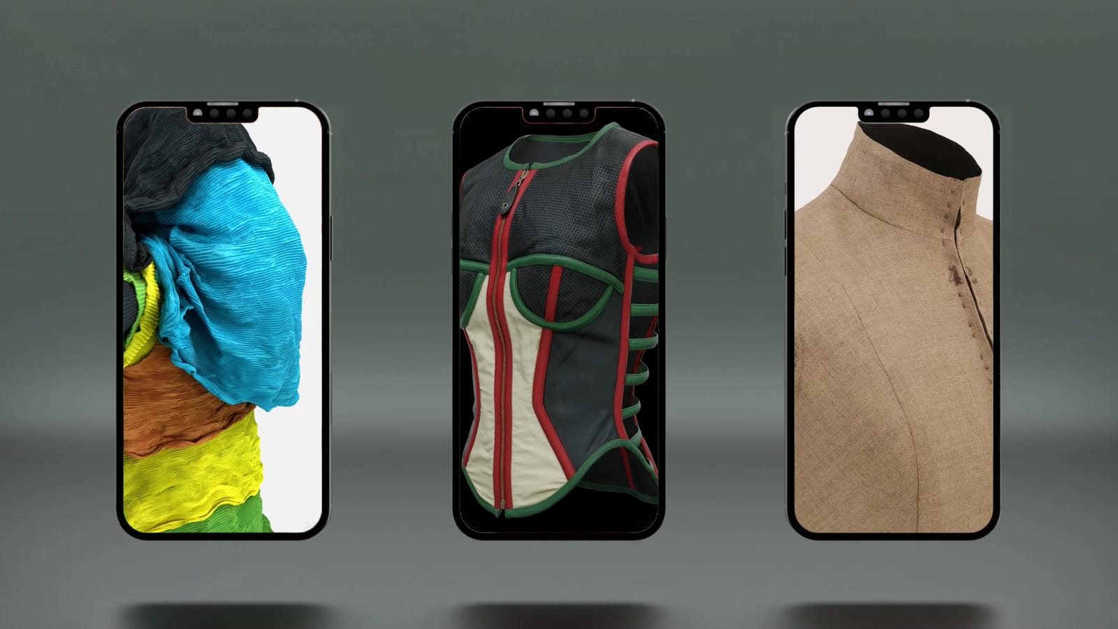 The 3D models shown on three phone screens, mobile viewer