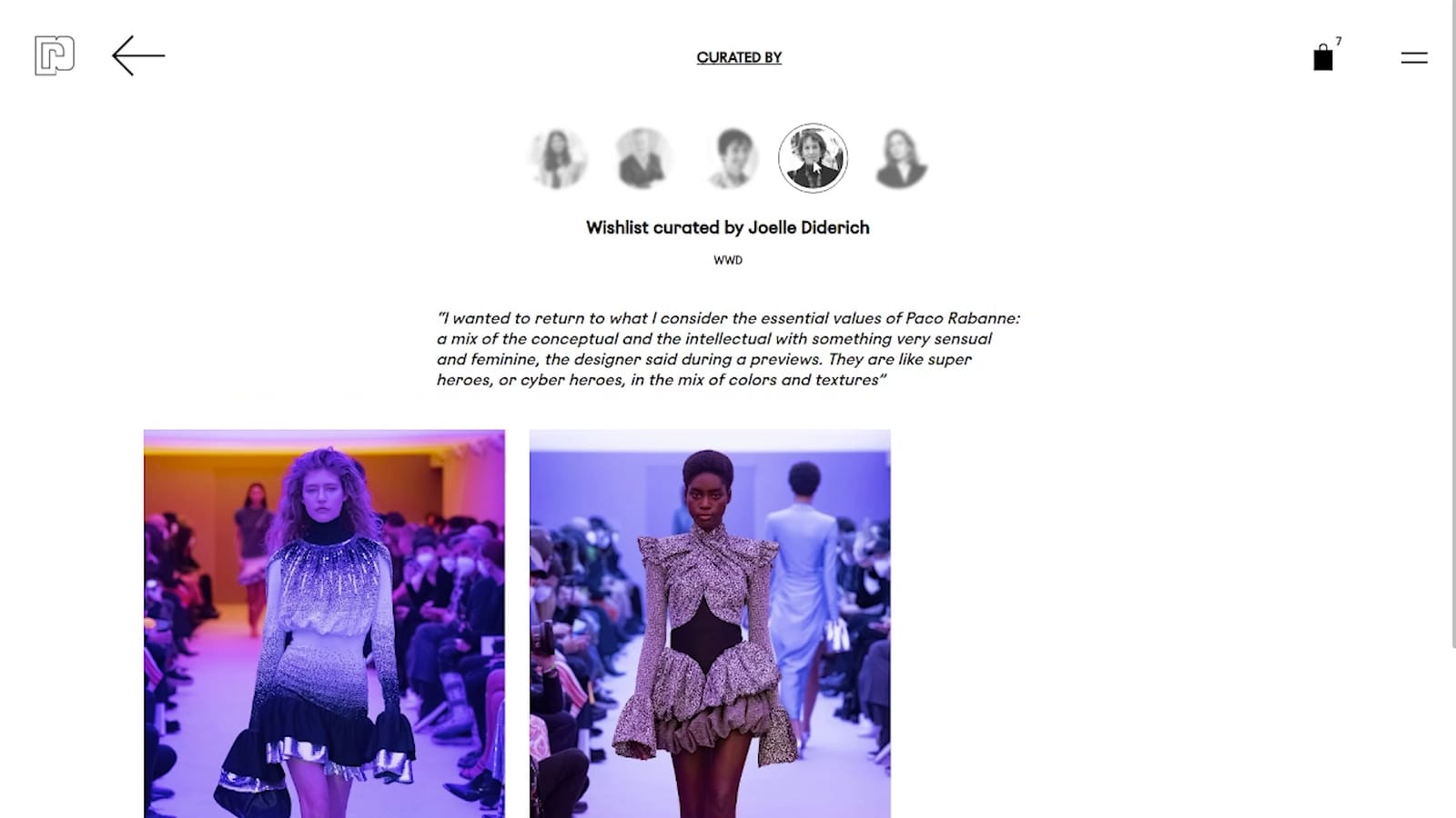 Section Curated by : portraits des curateurs, wishlist d'une journaliste avec sa citation et deux silhouettes du défilé