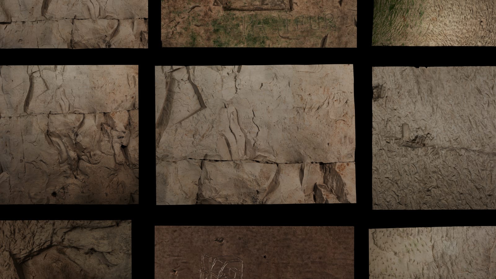 Wall of scanned fragments from the Ruinart chalk cellars, photogrammetry