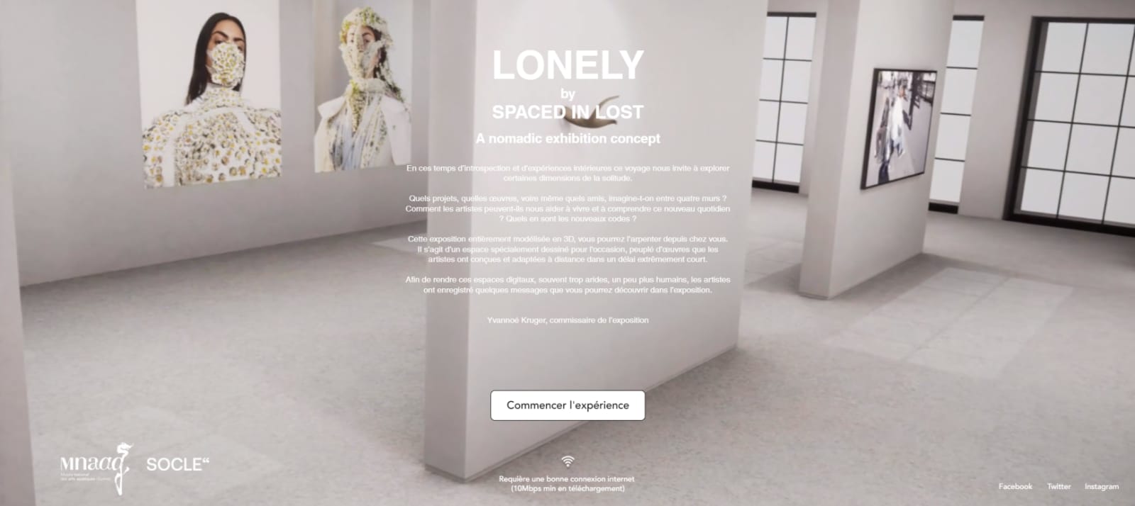 Entry screen of the Lonely virtual experience, "Spaced in Lost", exhibition room in the background