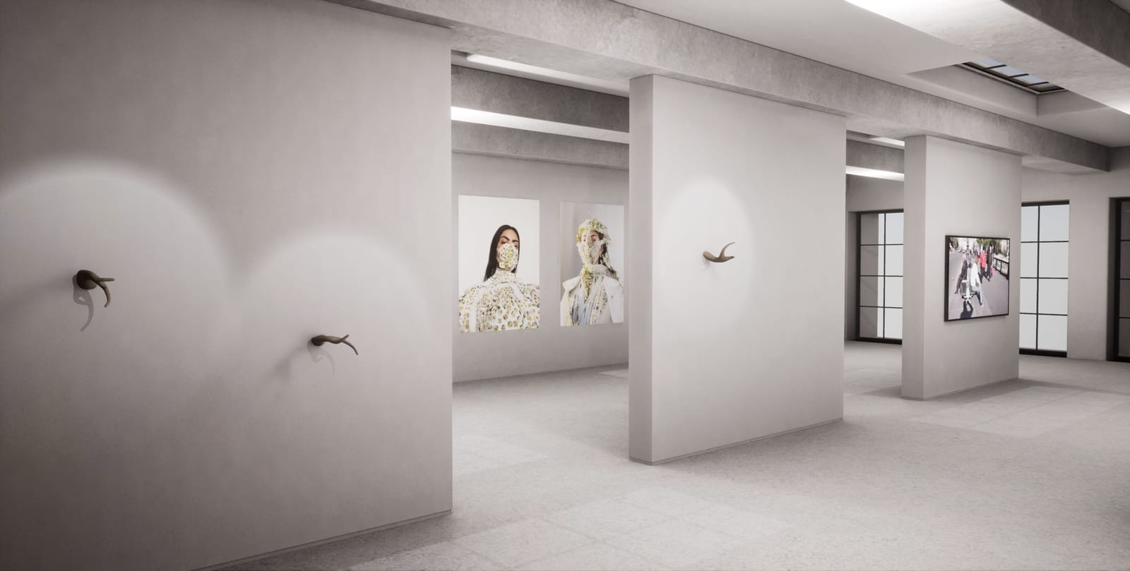 Corridor of the virtual gallery, framed portraits on partition walls