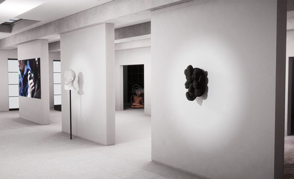 Corridor of the virtual gallery, wall sculpture and rooms in a row