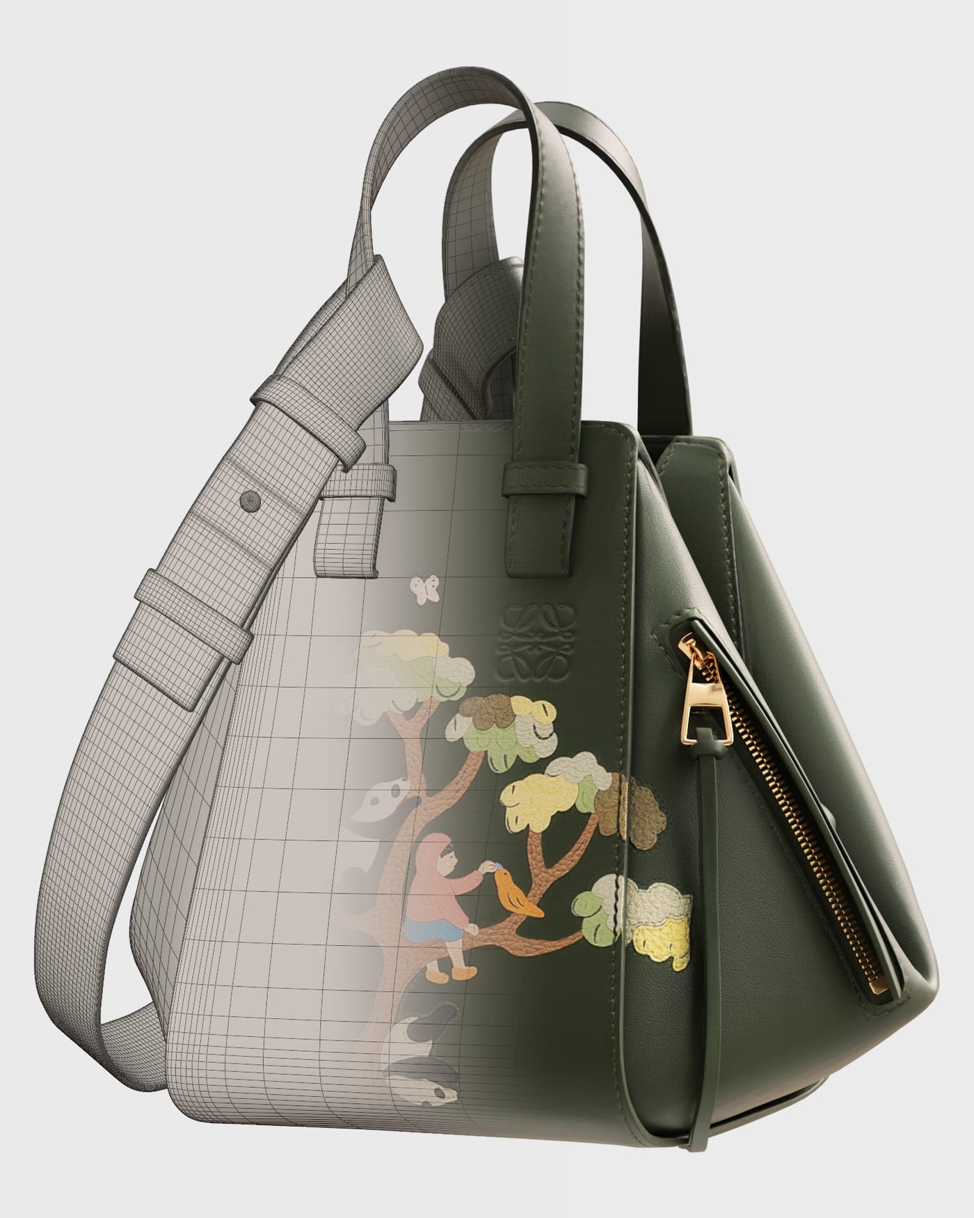 Loewe x Suna Fujita Hammock bag: retopologised mesh on the left, textured render on the right, model by Socle
